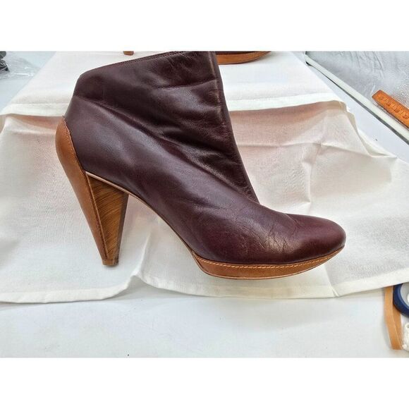 VTG Fossil Brown Leather Heeled Ankle Boots With Wooden Cone Heels sz 11 - Picture 6 of 14